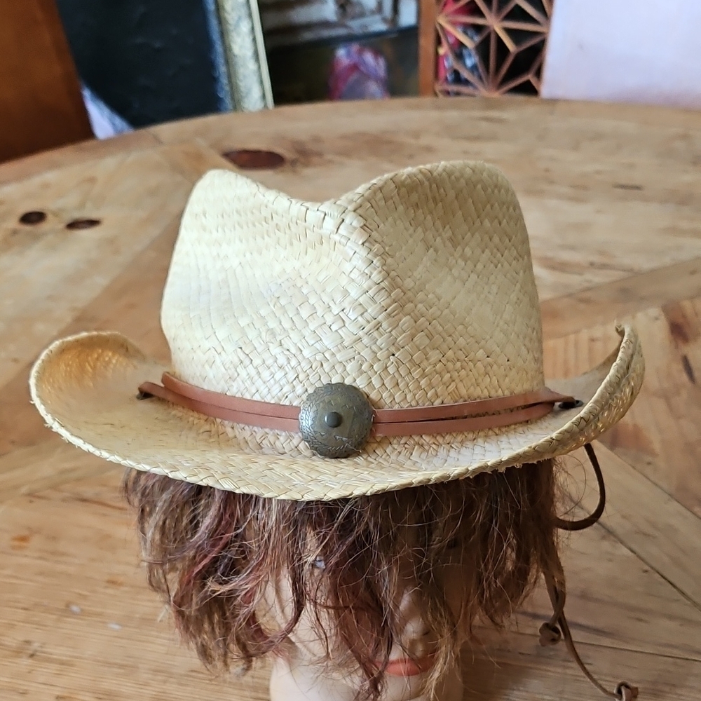 Woman's Stetson U.S.A. X-Large 7 1/2- 7 5/8 Straw Cowboy Hat Leather Chin Strap